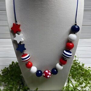 Patriotic Chunky Beaded Necklace | Red White Blue Stars | Adjustable Cord